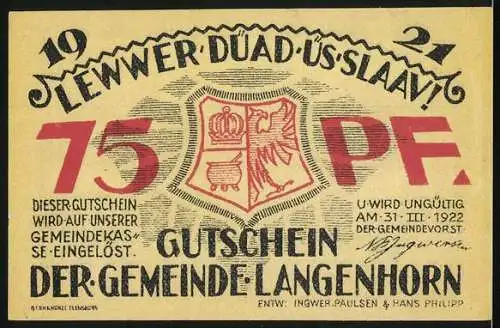 Notgeld Langenhorn 1921, 75 Pfennig, Geburtshaus von Friedr. Paulsen dem Philosophen, Gutschein der Gemeinde Langenhorn