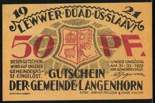 Notgeld Langenhorn, 1921, 50 Pfennig, Landschaft mit Bauernhof und Wappen der Gemeinde