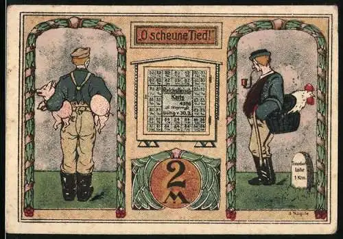 Notgeld Tonndorf-Lohe 1921, 2 Mark, Zwei Männer mit Schwein und Huhn, Vorderseite mit Text O scheune Tied!