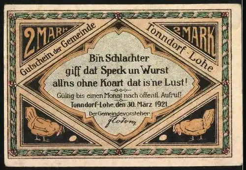 Notgeld Tonndorf-Lohe 1921, 2 Mark, Zwei Männer mit Schwein und Huhn, Vorderseite mit Text O scheune Tied!