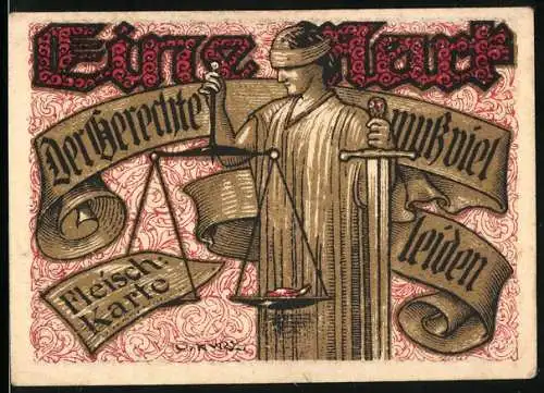 Notgeld Tonndorf-Lohe, 1921, 1 Mark, Darstellung von Justitia mit Waage und Text, Rückseite goldene Verzierung