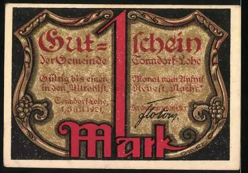 Notgeld Tonndorf-Lohe, 1921, 1 Mark, Darstellung von Justitia mit Waage und Text, Rückseite goldene Verzierung