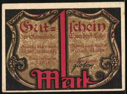 Notgeld Tonndorf-Lohe 1921, 1 Mark, Der Gerechte muss viel leiden, Gutschein der Gemeinde Gernrode-Lohe