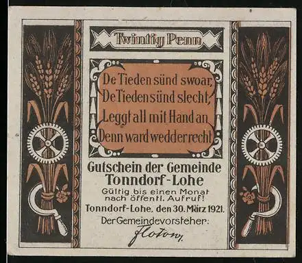 Notgeld Tonndorf-Lohe, 1921, 20 Pfennig, Gutschein der Gemeinde mit landwirtschaftlichem Motiv