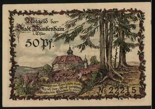 Notgeld Blankenhain 1921, 50 Pf, Porzellan, Holzrollos und Landschaft mit Schloss