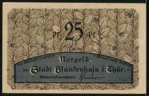 Notgeld Blankenhain 1921, 25 Pf, Vorderseite mit Waldmotiv und Rückseite mit Blättermuster und Aufschrift