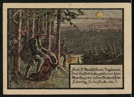 Notgeld Blankenhain, 10 Pf, Wappen mit Löwe, Jäger fangen Reh im Wald