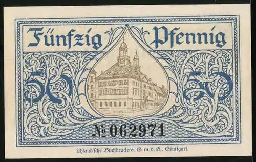 Notgeld Tuttlingen, 1920, 50 Pfennig, Kriegsnotgeld der Stadt mit Stadtansicht und Gebäudeillustration