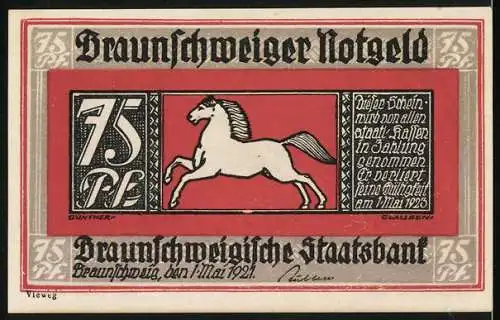 Notgeld Braunschweig, 1921, 75 Pf, Frauen mit Korb und Hofnarr, Pferd in Rot-Schwarz Design