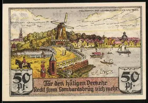 Notgeld Hamburg, 50 Pf, Stadtansicht mit Windmühle und Lombardsbrücke, Reiter auf Pferd