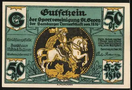 Notgeld Hamburg, 50 Pf, Stadtansicht mit Windmühle und Lombardsbrücke, Reiter auf Pferd