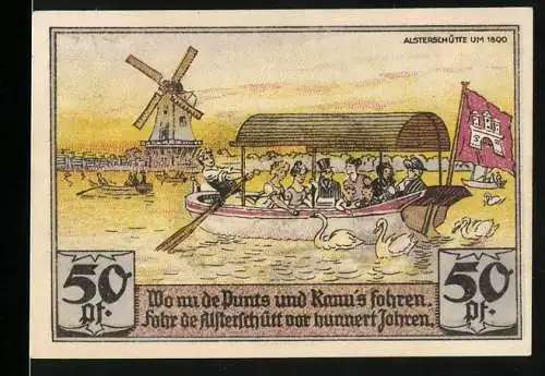 Notgeld Hamburg, 1921, 50 Pf, Gutschein der Sportvereinigung St. Georg und Alsterschifffahrt um 1800