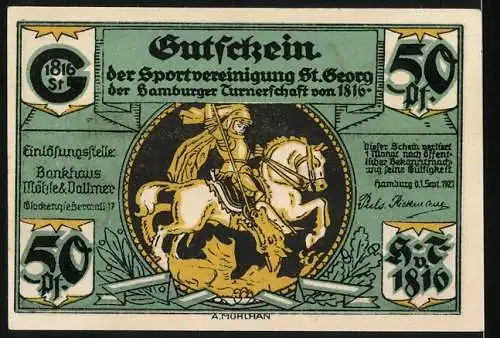 Notgeld Hamburg, 1921, 50 Pf, Gutschein der Sportvereinigung St. Georg und Alsterschifffahrt um 1800