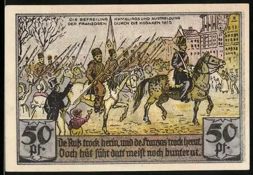 Notgeld Hamburg 1815, 50 Pf, Befreiung von Franzosen durch Kosaken und Gutschein der Sportvereinigung St. Georg
