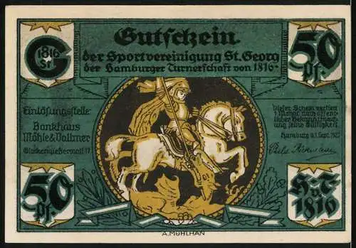Notgeld Hamburg 1921, 50 Pf, Stadtansicht mit Feuer und St. Georg auf Pferd