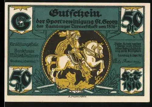 Notgeld St. Georg 1921, 50 Pf, Gutschein der Sportvereinigung St. Georg Hamburg von 1816, historische Szene mit Reiter