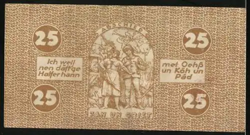 Notgeld Köln 1921, 25 Pfennig, Gutschein über EIV, Jan un Griet, Abschied, met Oess un Köh un Päd