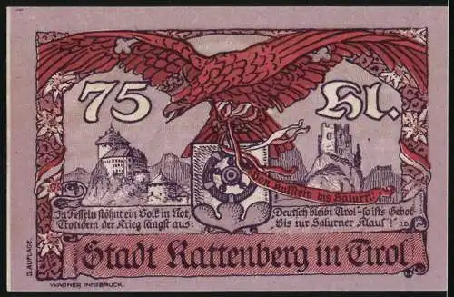 Notgeld Rattenberg, 1920, 75 Heller, Vorderseite zeigt Stadtansicht und Schloss, Rückseite mit Adler und Stadtwappen