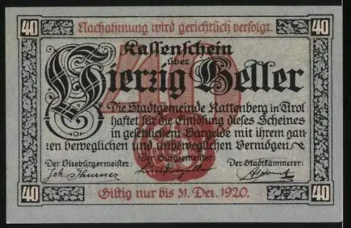 Notgeld Rattenberg in Tirol 1920, 40 Heller, Stadtansichten und Wappen in Rot und Schwarz, gültig bis 31. Dez. 1920