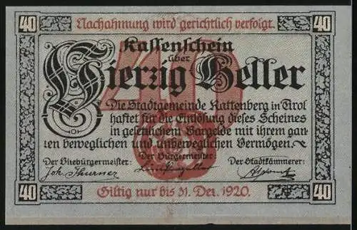 Notgeld Rattenberg in Tirol, 1920, 40 Heller, Stadtansicht und Wappen, gültig bis 31. Dez. 1920