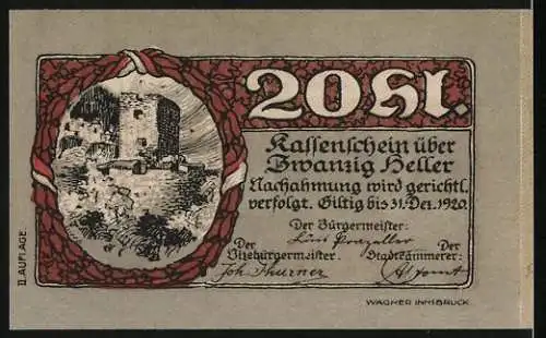 Notgeld Rattenberg in Tirol, 1920, 20 Heller, Burgmotiv und Adler, gültig bis 31. Dez. 1920