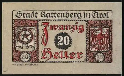 Notgeld Rattenberg in Tirol, 1920, 20 Heller, Kassenschein über Zwanzig Heller, Abbildung eines Mannes mit langem Haar