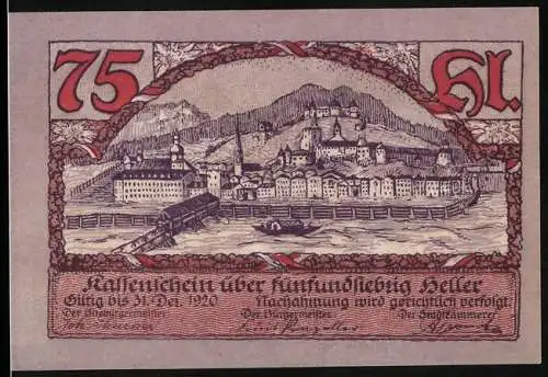 Notgeld Rattenberg 1920, 75 Heller, Stadtansicht und Adler mit Stadtwappen