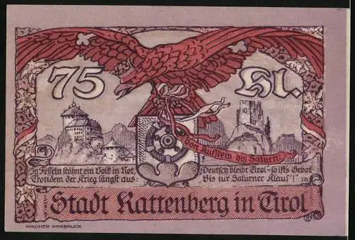 Notgeld Rattenberg 1920, 75 Heller, Stadtansicht und Adler mit Stadtwappen