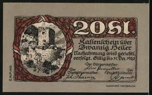 Notgeld Rattenberg in Tirol, 1920, 20 Heller, Stadtwappen und Burgansicht