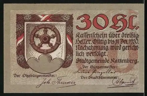 Notgeld Rattenberg in Tirol, 1920, 30 Heller, Stadtansicht und Wappen der Stadt Rattenberg