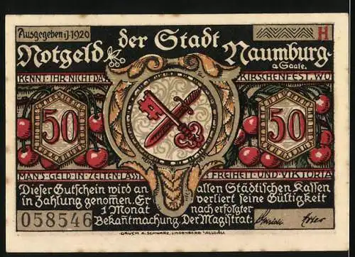 Notgeld Naumburg 1920, 50 Pfennig, Grafik mit Silhouetten und Symbolen, Obstbäume und Wappen