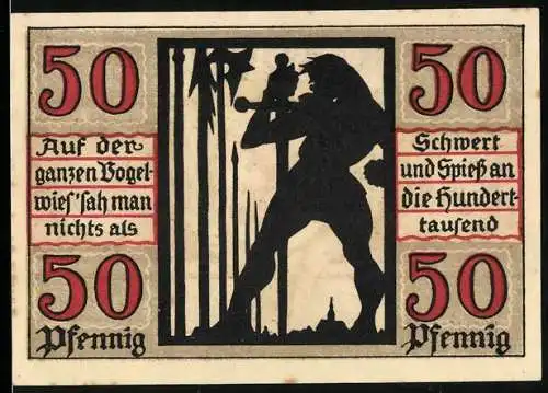 Notgeld Naumburg 1920, 50 Pfennig, Silhouette eines Kriegers mit Schwert und Speeren, Stadtwappen und Text