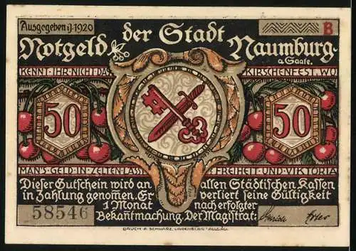 Notgeld Naumburg 1920, 50 Pfennig, Silhouette eines Kriegers mit Schwert und Speeren, Stadtwappen und Text