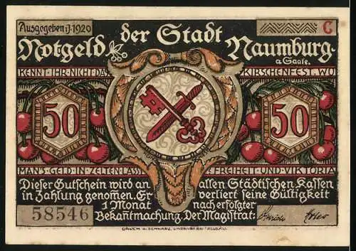Notgeld Naumburg, 1920, 50 Pfennig, Abbildung von bewaffneten Figuren und Wappen mit Schlüssel und Schwert