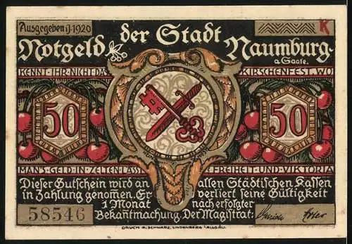 Notgeld Naumburg 1920, 50 Pfennig, Kirschenfest-Motiv mit Kindern und Schlüsselsymbol auf der Rückseite