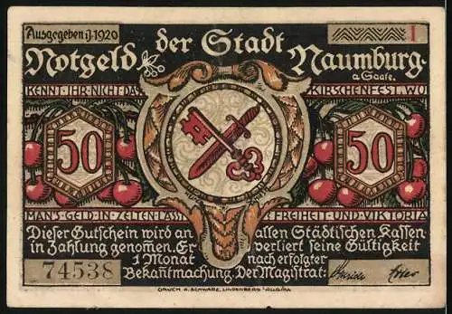 Notgeld Naumburg, 1920, 50 Pfennig, Dem Prokopen tat erscheinen, Stadtwappen mit Schlüssel und Schwert
