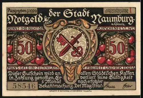 Notgeld Naumburg 1920, 50 Pfennig, Motiv: Silhouetten von Personen und Wappen mit gekreuzten Schlüsseln