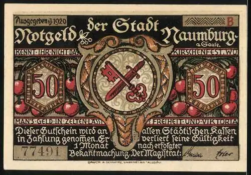 Notgeld Naumburg 1920, 50 Pfennig, Krieger mit Speer und Schlüsselwappen, Seriennummer 77491