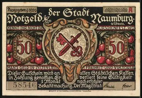 Notgeld Naumburg 1920, 50 Pfennig, Hussitenzug, Stadtwappen und Kirschenornament