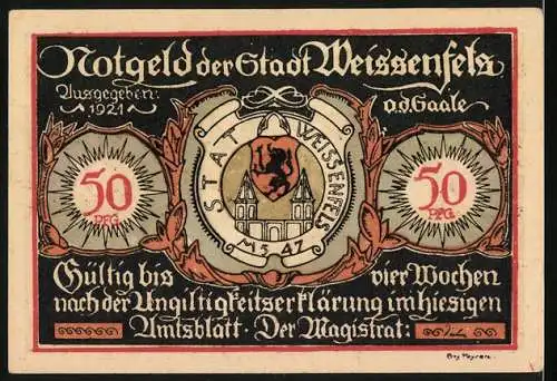 Notgeld Weissenfels 1921, 50 Pfennig, Reiterskizzen und Stadtwappen, Gültigkeit nach Ungültigkeitserklärung, Magistrat