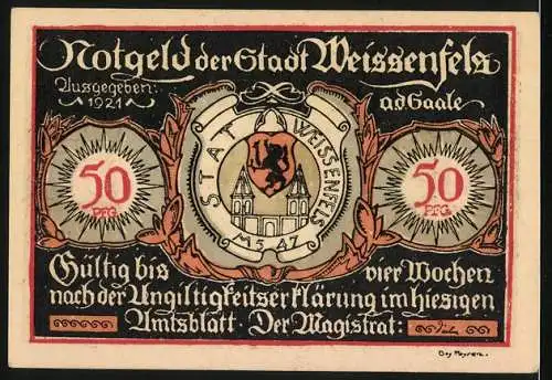 Notgeld Weissenfels, 1921, 50 Pfennig, Schusterwerkstatt und Stadtwappen