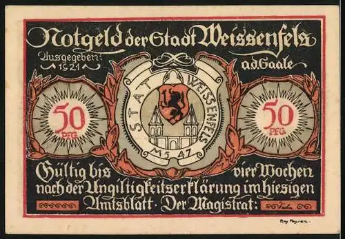 Notgeld Weissenfels 1921, 50 Pfennig, Herrenschuh und Damenschuh mit Spruch auf Vorderseite