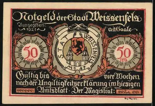 Notgeld Weissenfels 1921, 50 Pfennig, Schuhwerkstatt und Stadtwappen