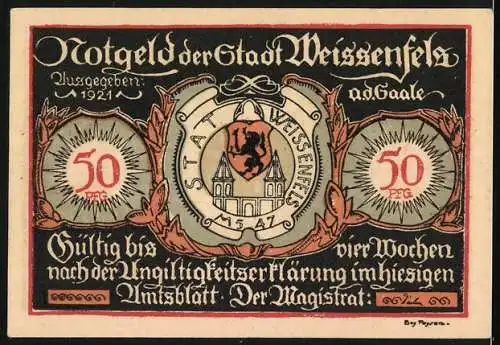 Notgeld Weissenfels 1921, 50 Pfennig, Soldatenschuh und Damenschuh, Stadtwappen und Gültigkeitsanweisung