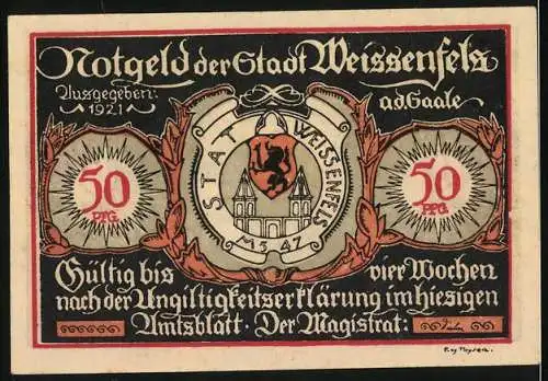 Notgeld Weissenfels 1921, 50 Pfennig, Vorderseite mit Wappen und Gebäude, Rückseite mit Reiterstiefel