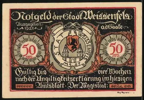 Notgeld Weissenfels 1921, 50 Pfennig, Soldatenschuh und Damenschuh, Stadtwappen, und Schriftzüge