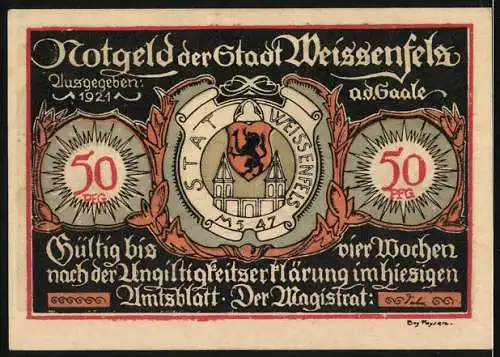 Notgeld Weissenfels 1921, 50 Pfennig, Schuhverkauf und Stadtwappen, gültig vier Wochen nach Ungültigkeitserklärung