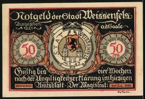 Notgeld Weissenfels 1921, 50 Pfennig, Illustration von Schuhen und Suppenküche, Stadtwappen Weissenfels