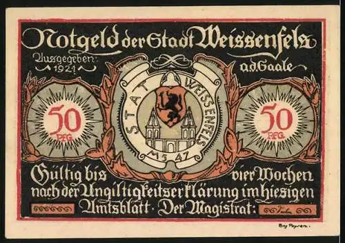 Notgeld Weissenfels, 1921, 50 Pfennig, Schusterstadt Motiv und Stadtwappen, gültig vier Wochen nach Bekanntmachung