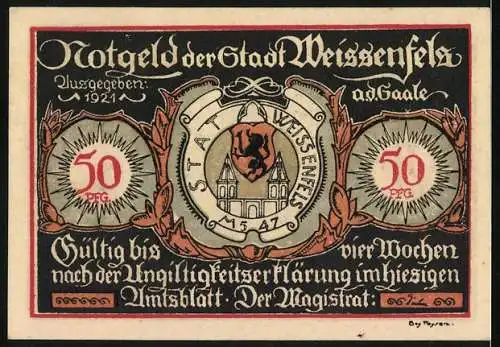 Notgeld Weissenfels, 1921, 50 Pfennig, Soldatenstiefel und Damenschuh, Stadtwappen